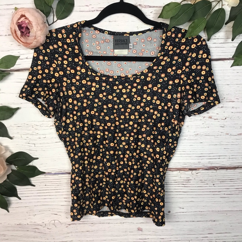 Versace Size XS VTG Y2K Short Sleeve Black Yellow Pattern Top Soft